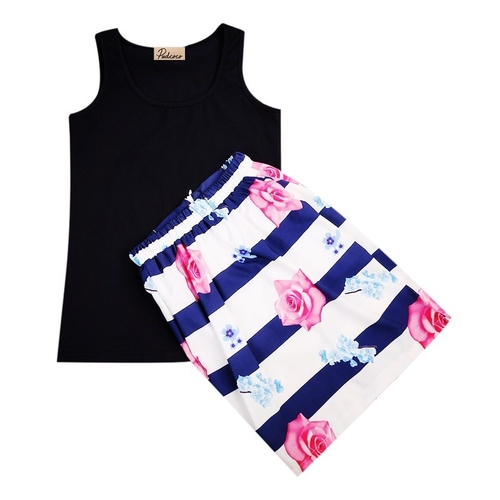 Fancy Black Tops Vest Skirt Floral Set Family