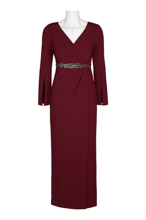 Adrianna Papell V-Neck Embellished Waist Gathered Side Slit Long