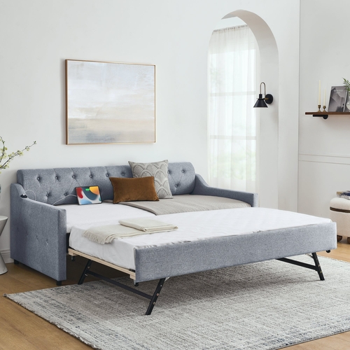 Twin Size Upholstery DayBed with Twin Size Erectable Trundle and USB