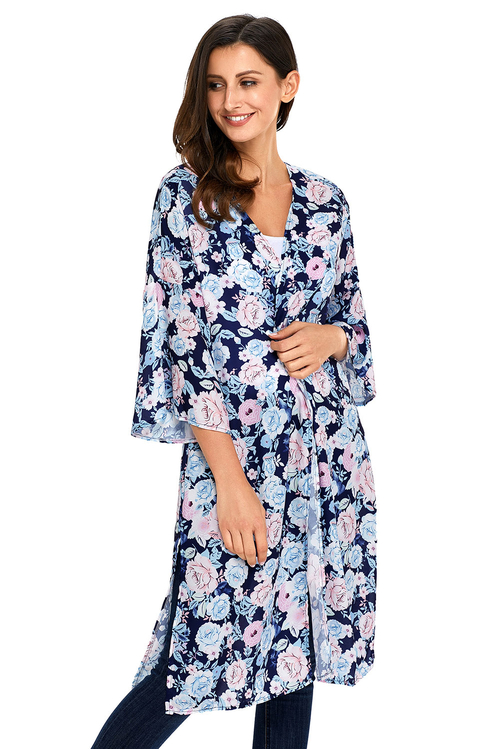 Dark Blue Floral Side Slit Boho Kimono