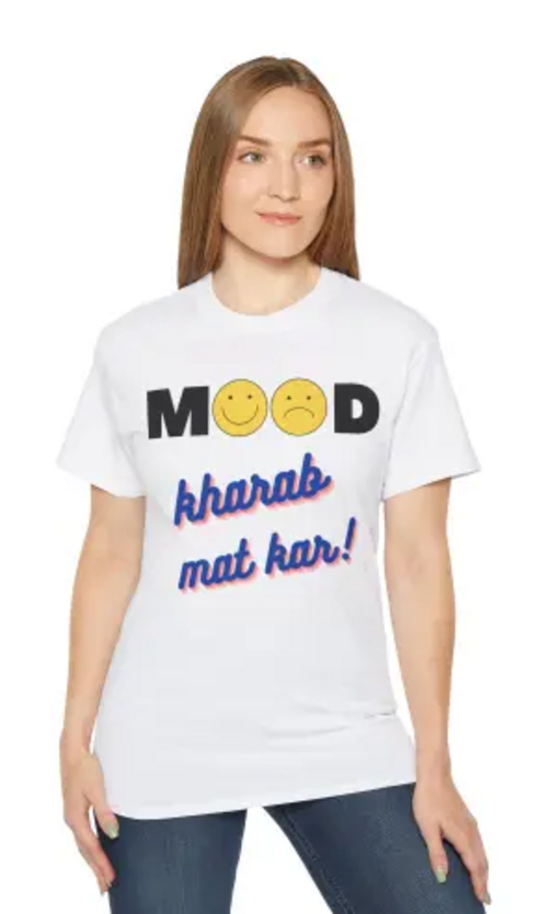 Women White Cotton Blend Printed "Mood Kharab Mat Kar" T-shirt Size L