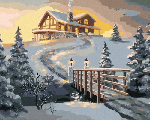 Zuty - Paint by Numbers - SNOWY CABIN AT DAWN (D. RUSTY RUST), 40x50