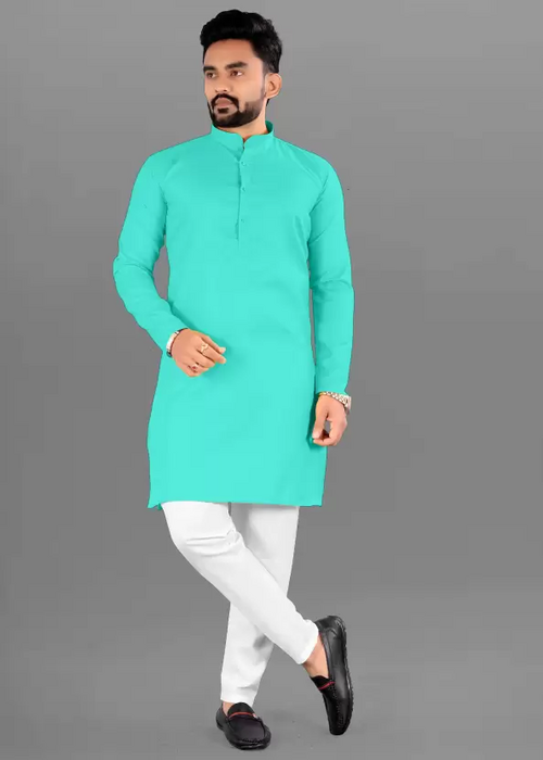Men Solid Cotton Blend Straight Kurta  (Light Green) (Size UK 34)