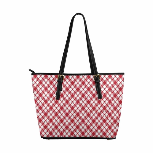 Large Leather Tote Shoulder Bag - Buffalo Plaid Red and White