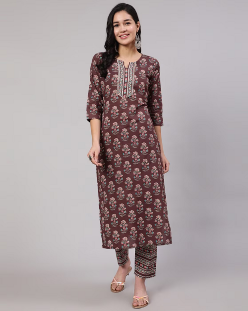 Floral Print Straight Kurta & Trousers (Size-L) (Color-PURPLE)