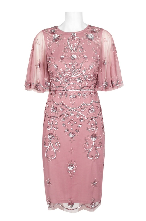 Adrianna Papell Crew Neck Short Sleeve Embellished Bodycon Zipper Mesh