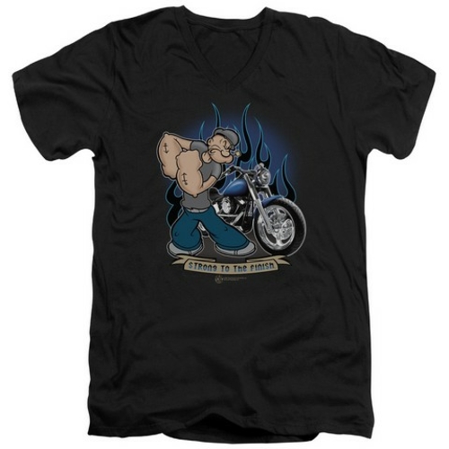 Trevco Popeye-Biker Popeye Short Sleeve Adult 30-1 V-Neck Tee, Bla