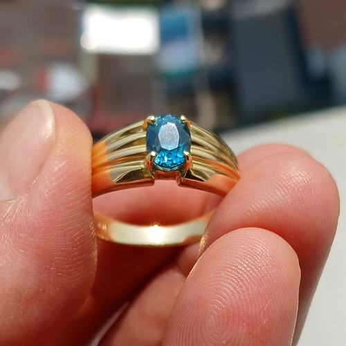 18K Yellow Gold Ring, Blue Zircon Gold Ring, Men's 18K Gold Ring,