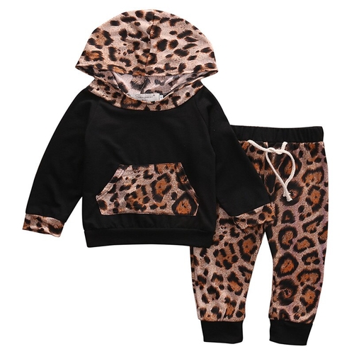 2 Pcs Leopard  Baby Girl Warm Hooded  Clothing Set