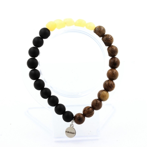 Yellow Calcite from UK + Matte Black Onyx + wood Bracelet 8 mm Beads.