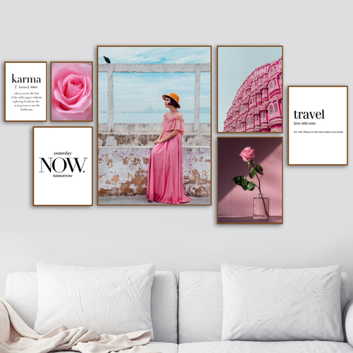 Pink Girl Sea Rose Building Travel Poster Wall Art