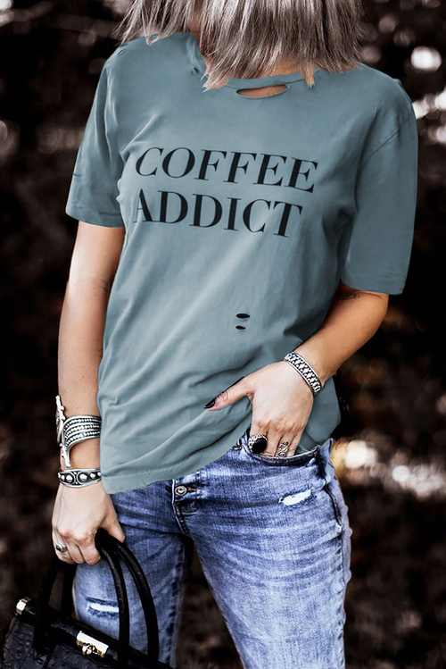 COFFEE ADDICT Print Distressed Tee