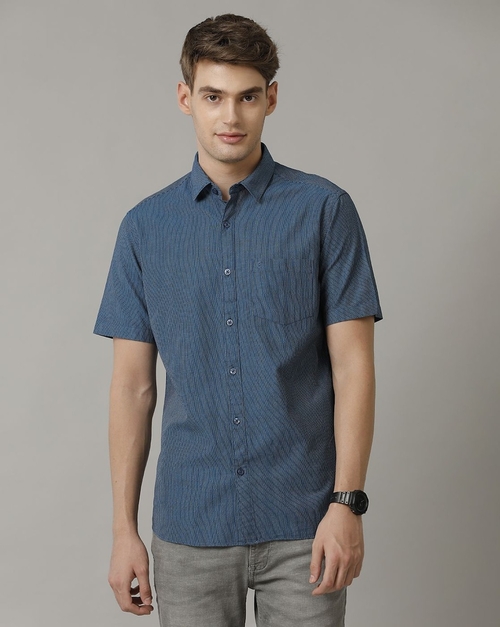 Men's Blue Striped Contemporary Fit Half Sleeve Shirt (Size-S)