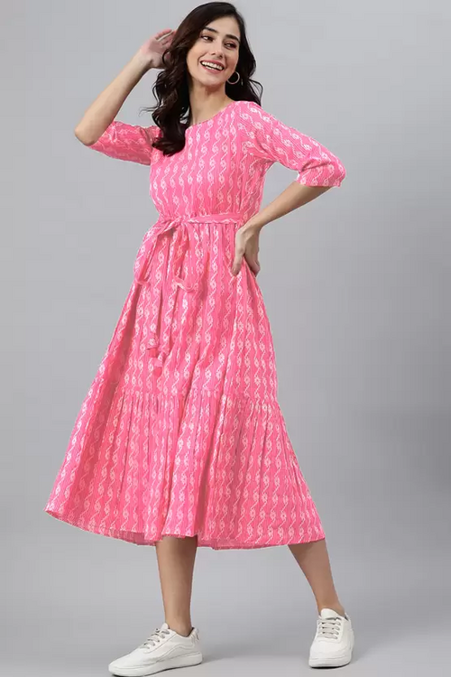 Women Printed Cotton Blend Ethnic Dress  (Pink) size L