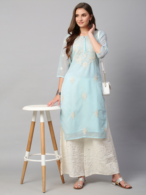 Women Chikanari Embroidery Georgette Straight Kurta (Size-M)
