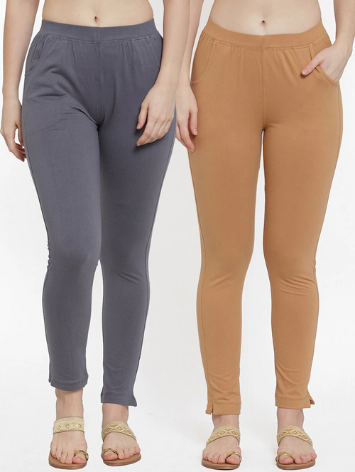 Women's Solid Ankle-Length Leggings (Pack of 2)(SizeS)(ColorGrey &