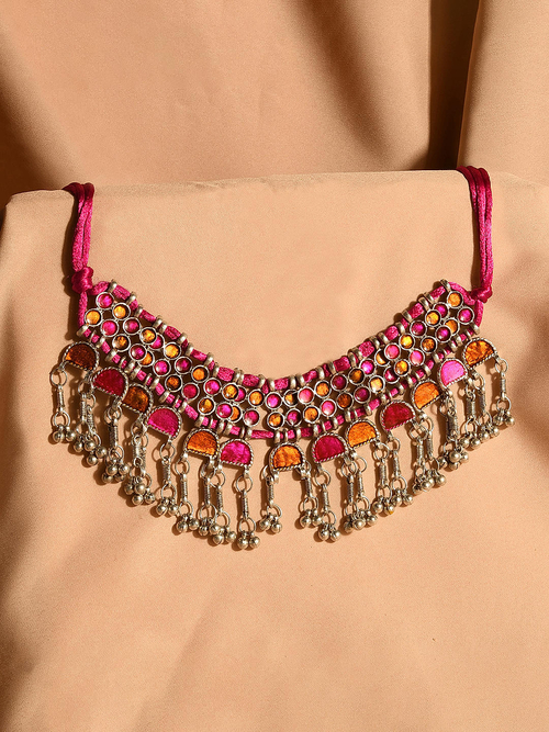 Ethnic Oxidised Pink & Silver Beaded Choker Necklace for Women