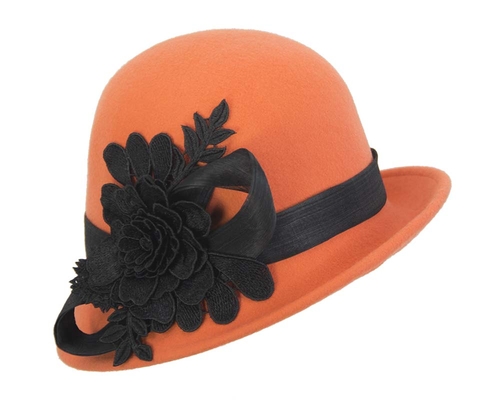 Orange felt cloche hat with lace