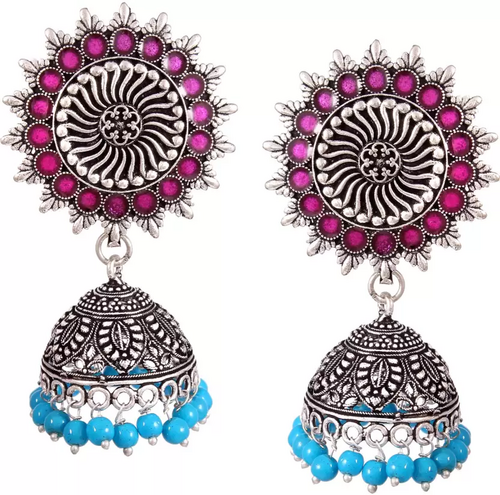 Women's Oxidised Silver plated Red beaded jhumka Jhumki Afghani