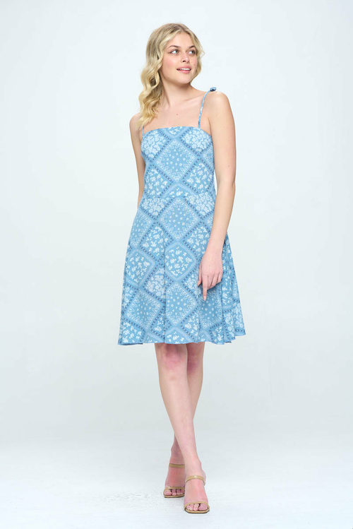 Paisley printed spagetti strap tie shoulder smocked back A-line dress