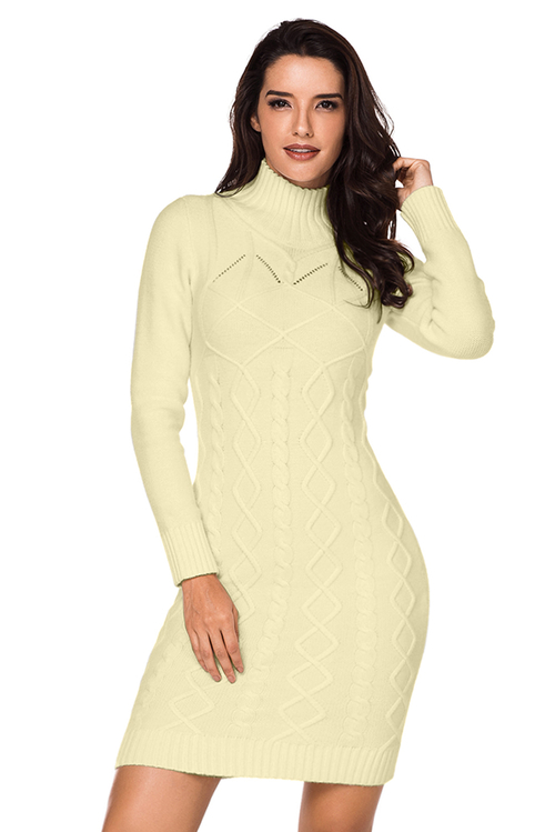 Apricot Cable Knit High Neck Sweater Dress