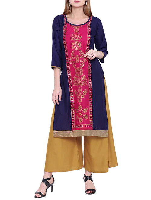 Women's straight kurta Golden Pritnted (Size-M) (Color-PINK&BLUE)