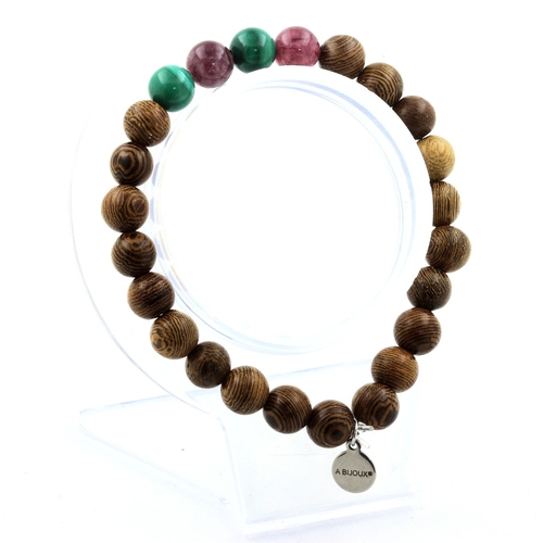Malachite from Congo + Lepidolite + wood Bracelet 8 mm Beads.
