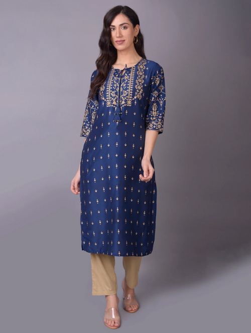 Women three quarter sleeve straight kurta (Size-S) (Color-BLUE)