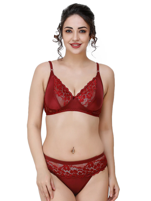 Maroon Net Bras And Panty Set(Size32)(Colormaroon)