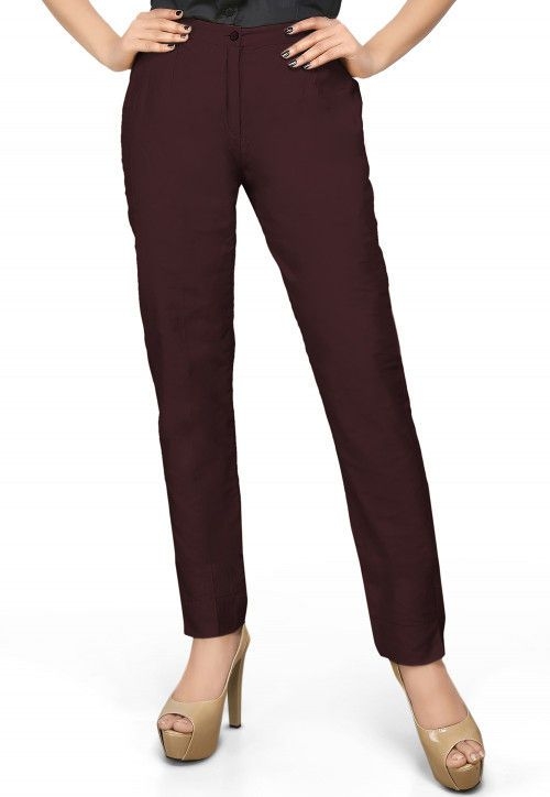 Cotton Silk Straight Pant in Wine (Size-32) (Color-MAROON)