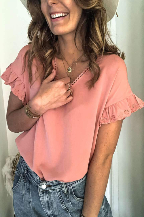 Pink V Neck Ruffle Short Sleeve T-shirt