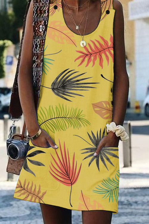 Yellow Bohemian Printed Drawstring Sleeveless Dress