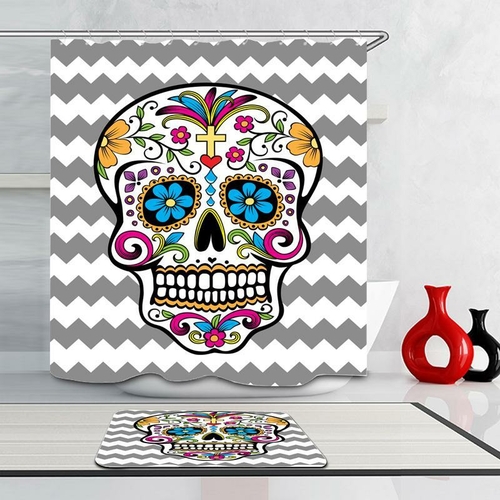 Sugar Skull Grey And White Chevron Shower Curtain