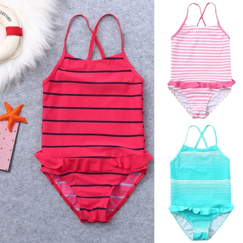 Kids Swimwear Girls Ruffles Striped Print One