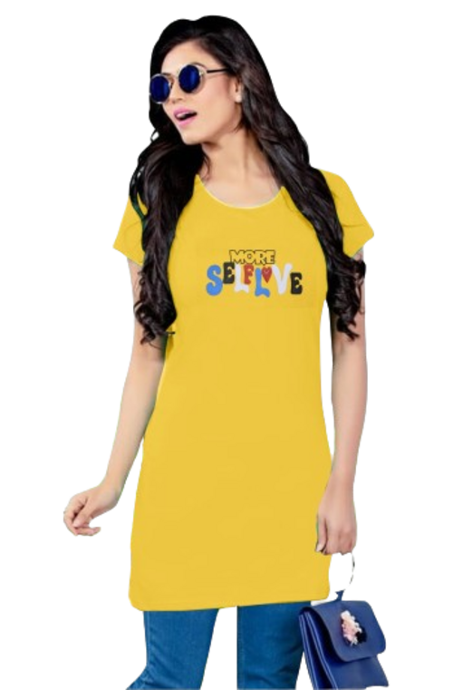 Women's Yellow Long Round Neck Tshirt with Two Size Cut Size S