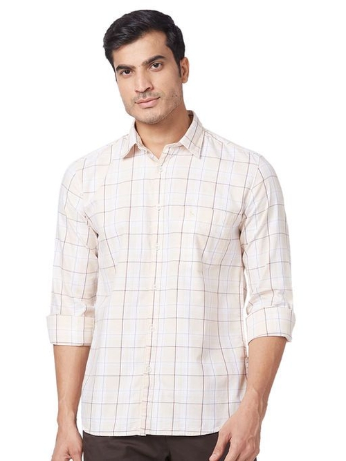 Slim Fit Checkered Light Fawn Shirt (Size-S)(Color-FAWN)