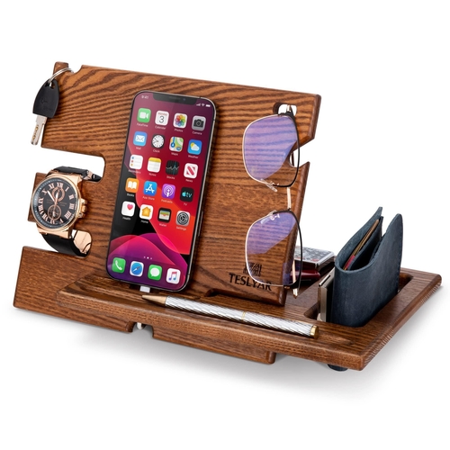 Wood Phone Docking Station Ash Key Holder Wallet Stand Watch Organizer