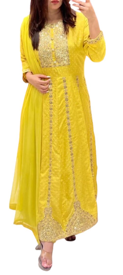 Women's Cotton Kurti Gown With Pant and Dupatta set with Beautiful