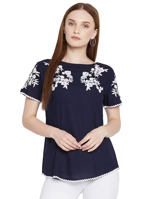 Women'S Straight Boat Neck Top (Size-S) (Color-Navy Blue )