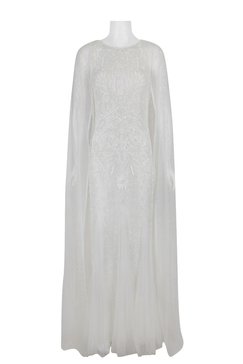 Adrianna Papell Crew Neck Cape Sleeve Beaded Zipper Back Mesh Dress