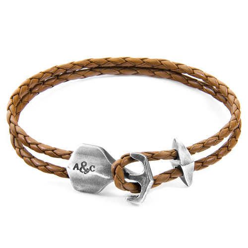 Light Brown Delta Anchor Silver & Braided Leather Bracelet