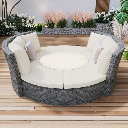 Patio 5-Piece Round Rattan Sectional Sofa Set All-Weather PE Wicker
