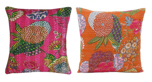 Cotton Kantha Embroidery Cushion Cover (16x16-inches) (Set of 2, Pink