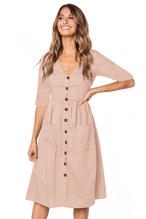 Pink Button Front Midi Dress with Pockets