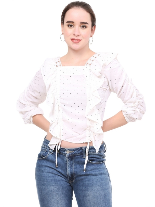 Casual Solid Women Polka Dots Print Top (Size-M) (Color-WHITE)