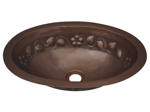 COPPER OVAL BATH SINK FLOWER DESIGN FLAT LIP 17X12.5X5.5 G18 DARK LIGH