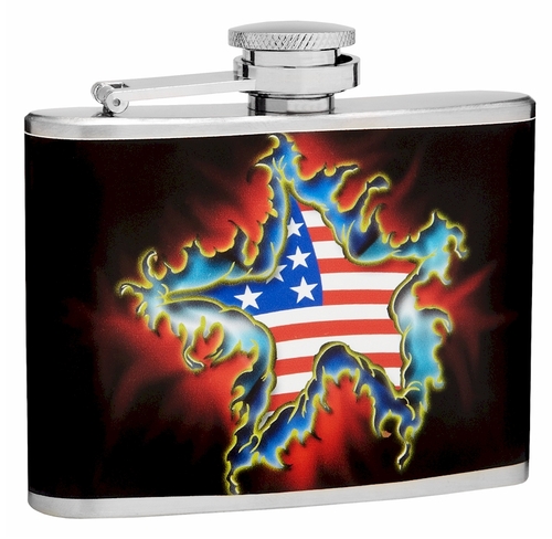 4oz American Flag and Star Flask, Gift Box, Funnel and Shot Glasses