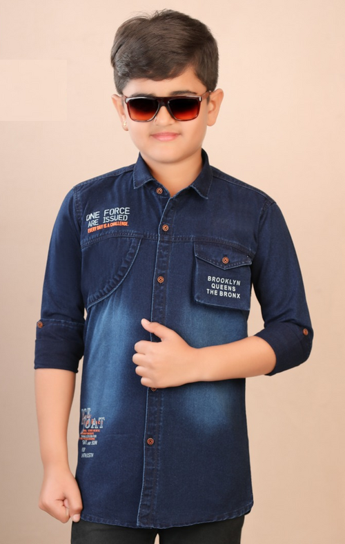 Boys Printed Denim Casual Shirt (Color Navy Blue) (Size 4 - 5 Years)