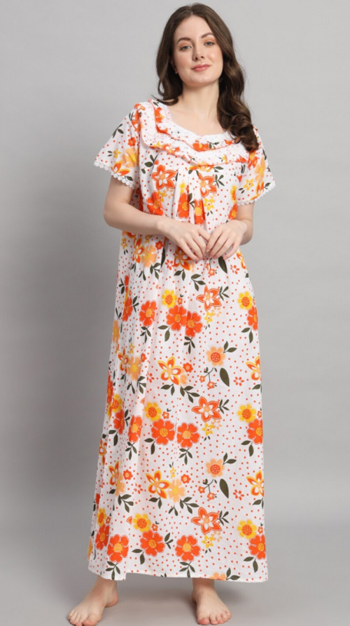 Women Floral Printed Square Neck Pure Cotton Maxi Nightdress