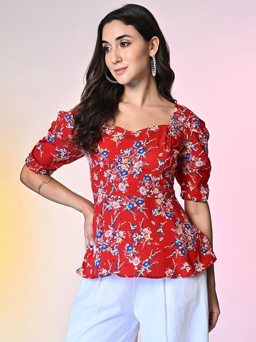 Women Floral Printed Puff Sleeves Peplum Style Top (Color Red) (Size